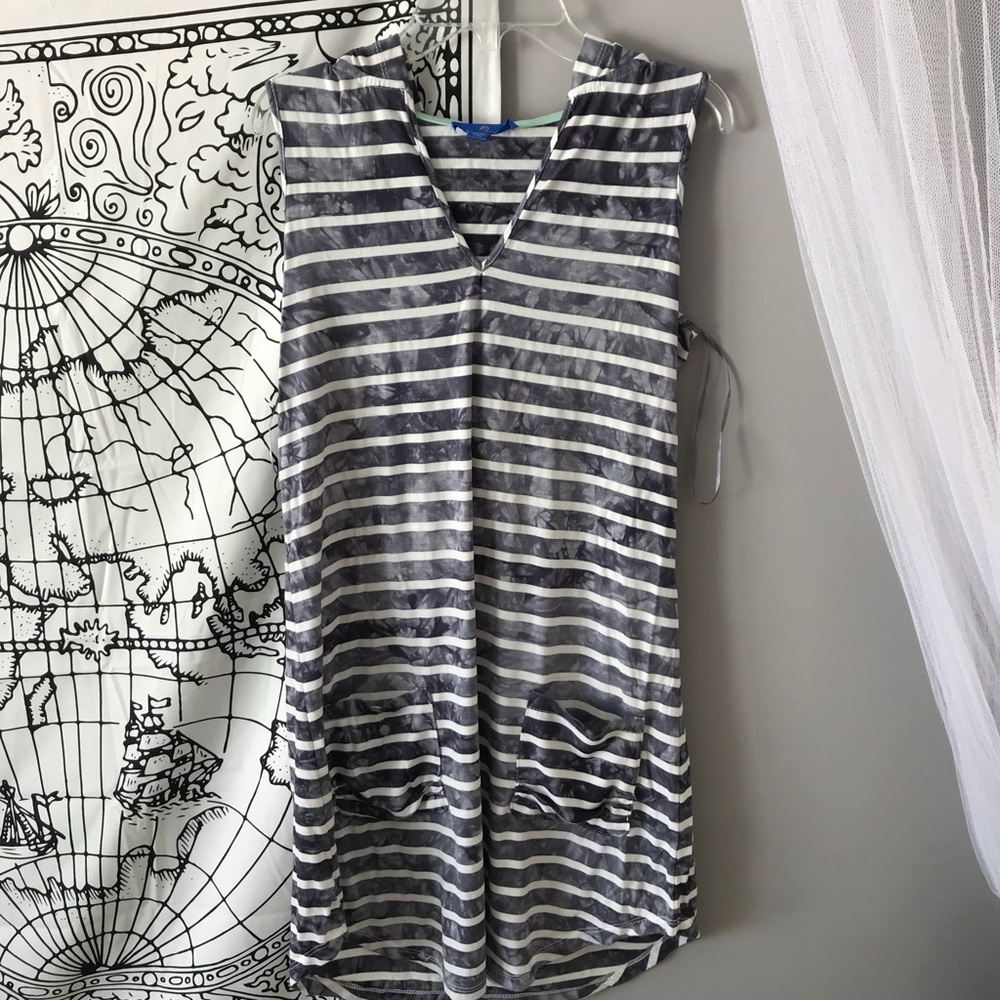 Hooded grey and white striped swimsuit coverup